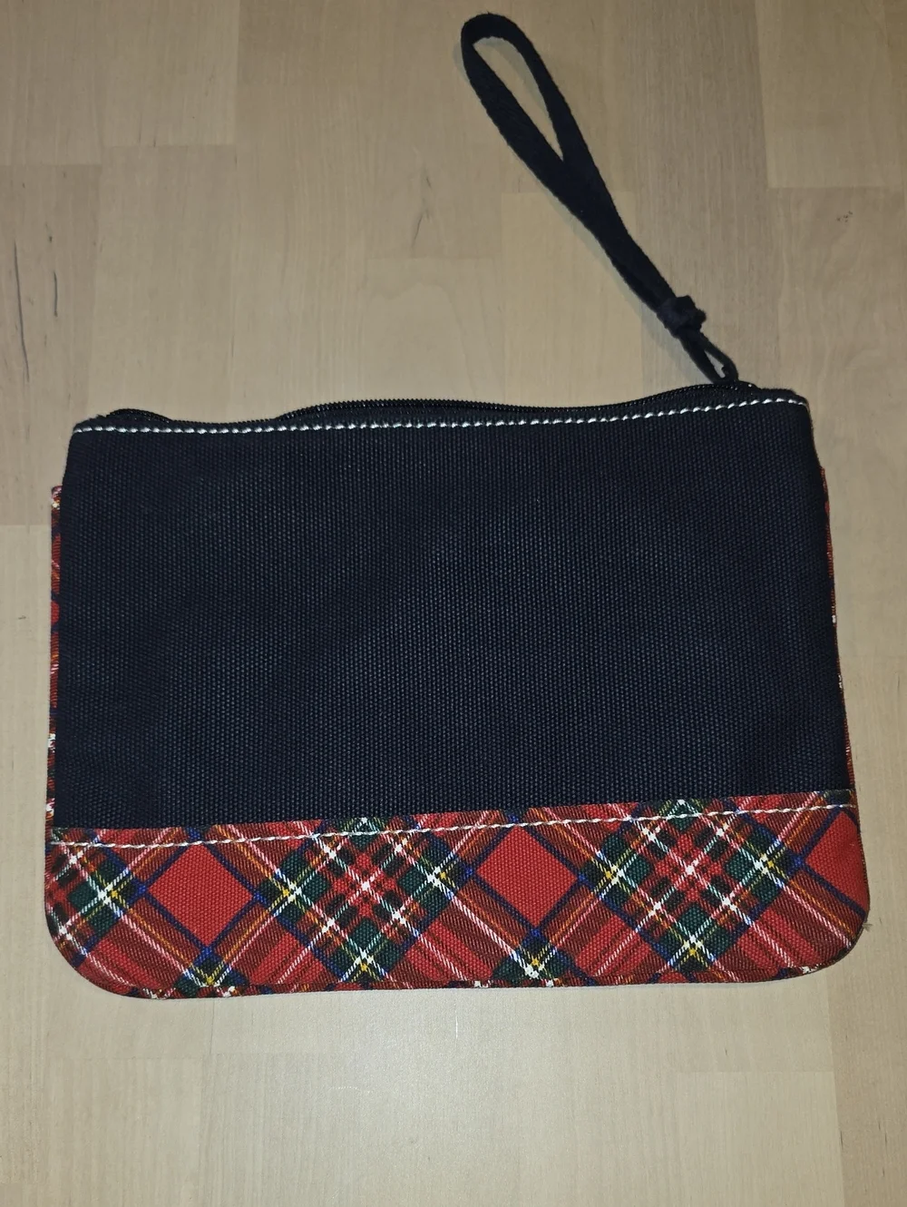 Land's End Canvas Zippered Black Wristlet Clutch with Red Tartan Trim